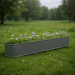 Jardinière surélevée en acier moderne, gris, revêtement poudré, forme elliptique, pour fleurs et plantes vertes - Product Image 2