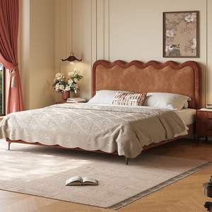 Letto matrimoniale imbottito in tessuto ciniglia francese, set di mobili per camera da letto di lusso in legno ecologico, comodo <span class=keywords><strong>comodino</strong></span> ondulato e grazioso - Product Image 4