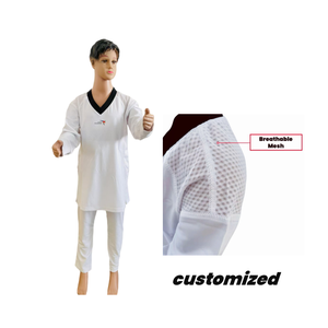 Competición de alta tecnología <span class=keywords><strong>Taekwondo</strong></span> <span class=keywords><strong>Dobok</strong></span> con logotipo personalizado NUEVO WT Uniforme de <span class=keywords><strong>Taekwondo</strong></span> de Spandex blanco para entrenamiento - Product Image 1