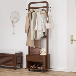 Nordic Style Solid Wood Coat Rack With Storage <b>Drawer</b> And Shoe Shelf For Living Room Or Bedroom Movable Clothes Organizer - Product Image 1