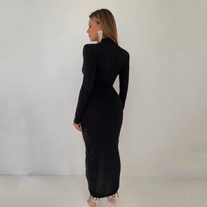 Robe longue à manches longues simple et <span class=keywords><strong>sexy</strong></span> pour femmes avec ceinture plissée irrégulière - Product Image 5