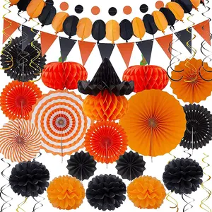 Set Festival dekorasi pesta Halloween 33 buah, kertas bendera ulang tahun, perlengkapan Pom Pom, karangan bunga, bola sarang lebah gantung cocok