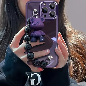 Custodia per telefono Kawaii con orsetto <span class=keywords><strong>viola</strong></span> e catena di perline nere per <span class=keywords><strong>iPhone</strong></span> 17/16/15/14/13 <span class=keywords><strong>Pro</strong></span> <span class=keywords><strong>Max</strong></span>, <span class=keywords><strong>cover</strong></span> traslucida antiurto - Product Image 2
