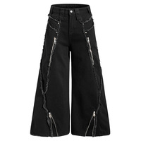 Jeans en denim pour hommes coupe trapèze à jambe large, style streetwear, taille mi-haute, coupe ample, déstructuré, avec détails zippés et ourlets bruts, vente en gros
