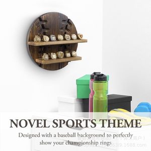 Retro Wooden <b>Wall</b> <b>Mounted</b> Champion Ring Rack 2 Tier Circular Display <b>Shelf</b> For Home Decor Baseball Theme - Product Image 5