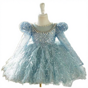 Robe de bal pour enfants, longueur genou, bleu uni, ornée de perles et de paillettes, jupe en plumes haute couture, manches longues, pour demoiselles d'honneur de mariage - Product Image 4