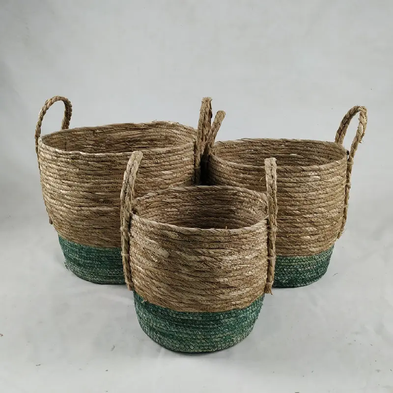 Set of 3 best selling natural corn husk/seagrass handmade straw laundry storage basket with handles