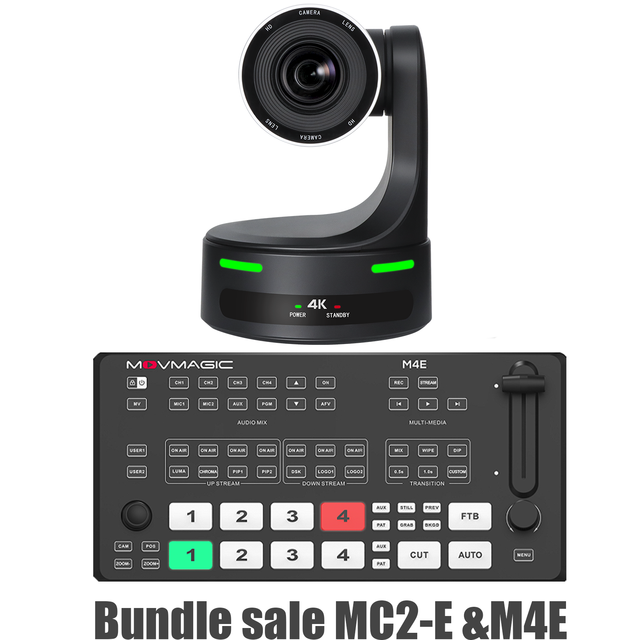 Pro Live Streaming Production Kit | Movmagic M4E Video Switcher + Ultra HD 4K MC2-E PTZ Camera Combo Set