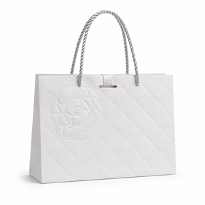 Luxury <b>White</b> Gift Paper <b>Bag</b> with Silver Ribbon Bow, Custom Embossed Pattern Shopping <b>Bag</b> for Wedding Birthday - Product Image 4