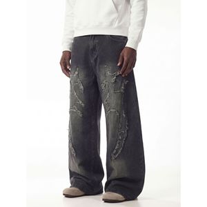 Jean en denim noir et gris pour homme, coupe ample, jambe large, taille mi-haute, en coton, style jambe droite - Product Image 3