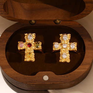 18K Pvd Gold Plated Hammered Cross Cz 316L Stainless Steel Waterproof Hypoallergenic Adjustable <b>Statement</b> <b>Ring</b> For Women - Product Image 3