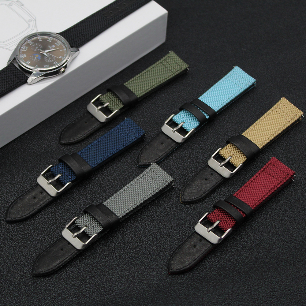 20mm Luxury Two Piece Watchband Quick Release Leather + Fabric Canvas Cordura Watch Straps Khaki Green Wrist Band