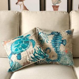 Housse de coussin de style méditerranéen, 4 pièces, thème océanique, tortue, hippocampe, pieuvre, baleine, adapté à la décoration de la maison et du jardin - Product Image 3