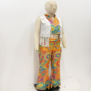 Costume <span class=keywords><strong>hippie</strong></span> 3 pièces pour femmes, haut court à imprimé floral des années 70, pantalon pattes d'éléphant avec gilet à franges - Product Image 4