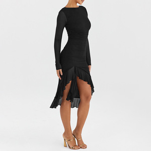 Vestido Midi Asimétrico de Estilo Europeo Americano, Sexy, con Cuello Redondo, Manga Larga, Ajustado, con Detalles de Malla, para Otoño - Product Image 3
