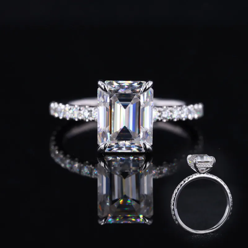 Starsgem 14k white solid gold 9x7mm emerald cut moissanite with lab grown diamond halo engagement ring