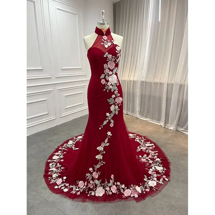 Cheongsam de estilo chino para mujer, venta al por mayor, rojo tradicional vestido de boda, vestidos de noche de novia para fiesta de boda, nuevo 2022
