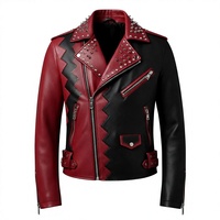 Veste en cuir bicolore pour homme, style punk, cloutée, rouge et noir, avec fermeture éclair, décorée de rivets, coupe ajustée, col rabattu