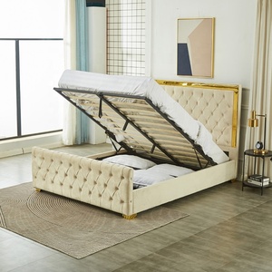 <span class=keywords><strong>Letto</strong></span> <span class=keywords><strong>Matrimoniale</strong></span> con Contenitore in Velluto Trapuntato Beige Crema di Lusso Europeo con Testiera Alta e Bordo Dorato - Product Image 1