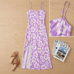 Robe midi dos nu à imprimé floral d'été avec logo personnalisé pour femme, sexy, avec fente latérale, bretelles spaghetti, motif hibiscus violet, idéale pour les vacances à la plage - Product Image 3