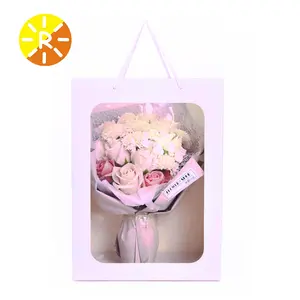 High-end custom fine floral carry bag packaging gift box with transparent sheet gift bag