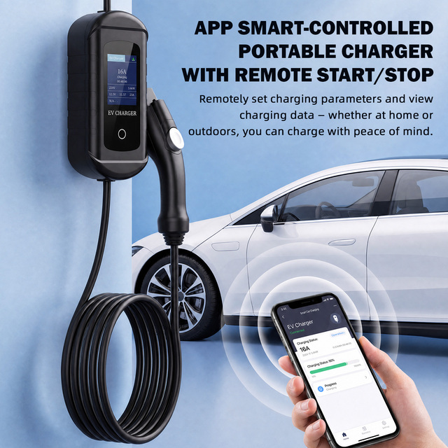 3.5KW 16A GBT Portable EV Charger with 2.8 Inch Color Screen IP65 Waterproof 5M Cable Plug and Play Tuya App Home EV Charger