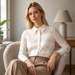 Elegante Camicetta da Donna <span class=keywords><strong>in</strong></span> <span class=keywords><strong>Pizzo</strong></span> Traforato Premium, Certificata BSCI, Broderie Anglaise, Manica Lunga con Bottoni - Product Image 3