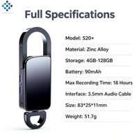 Enregistreur vocal porte-clés S20+ avec enregistrement à un clic, haute définition HD, WAV numérique, mémoire flash 4-64 Go, stylo à commande vocale