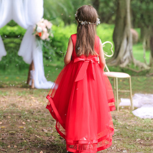 Girls' <b>Sequined</b> Tulle Dress <b>Red</b> O-Neck A-Line Flower Girl Dress For Birthday Parties And Performances - Product Image 4