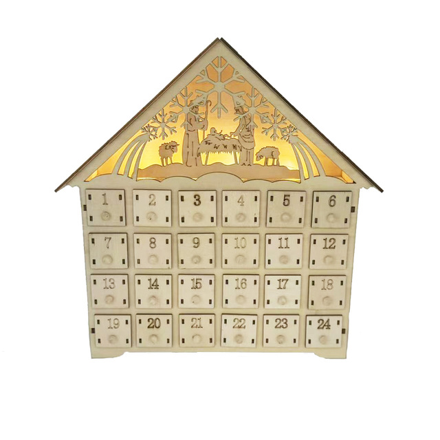 Wooden Christmas Decoration LED Lights 24-Day Countdown Calendar Ornament European Style House-Shaped Eco-Friendly