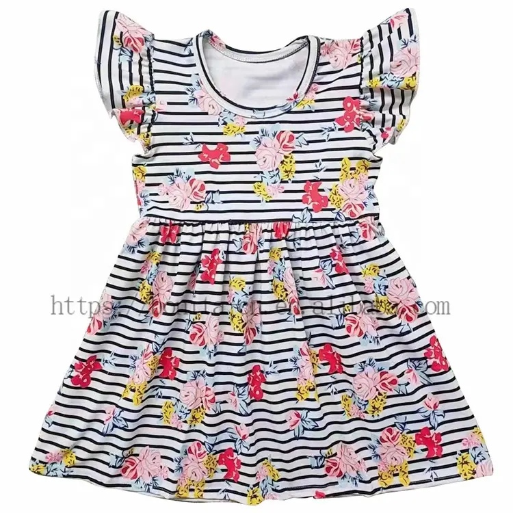 Vestido de seda com mangas de leite personalizável para bebês de 2 a 12 anos, roupas boutique com babados e mangas voadoras para bebês flora