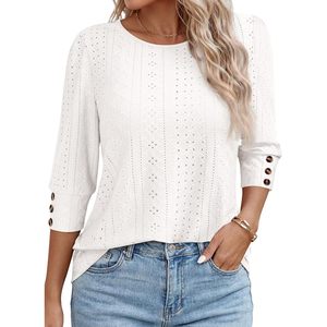 Chemisier à œillets pour femmes, manches 3/4 avec boutons, haut décontracté, chemise en popeline respirante, printemps-été, à porter au quotidien - Product Image 1