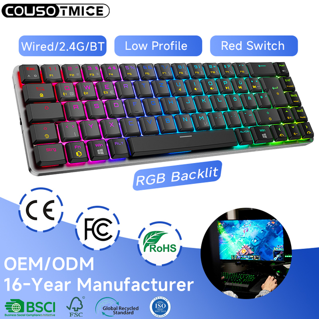 OEM ODM Low Profile Mechanical Keyboard Tri-Mode Aluminum CustomSwitch RGB Ultra-Thin 68 Keys 65% Wireless Gaming Keyboards