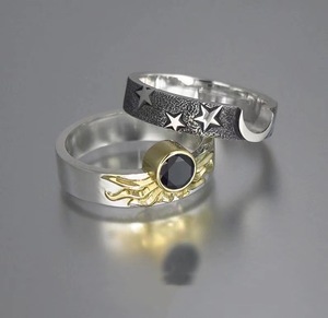 Bagues de couple vintage étoiles et <span class=keywords><strong>lune</strong></span> pour femmes, style bohème ethnique, <span class=keywords><strong>pierre</strong></span> <span class=keywords><strong>noire</strong></span> CZ, bagues pour femmes, bijoux de fête de mariage - Product Image 3