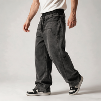 Jean noir délavé coupe baggy à jambe large pour homme, avec double passants de ceinture, fermeture boutonnée, cordon élastique, poche plaquée incurvée et couture au genou