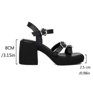 Escarpins à talons hauts épais pour femmes, à bout carré ouvert, style bureau, avec boucles à fleurs métalliques et bride de cheville - Product Image 6