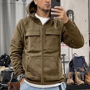 Chaqueta de sudadera con parche multibolsillo para deportes juveniles sueltos de color sólido con capucha para hombre con cremallera de otoño e invierno - Product Image 6