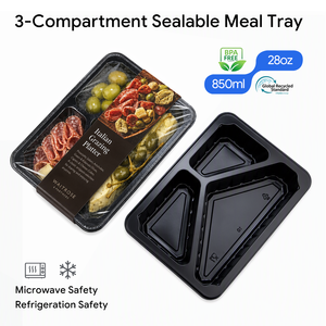 Barquette en plastique jetable noire en PP à 3 compartiments avec logo personnalisé pour viande, volaille et aliments surgelés en supermarché - Product Image 1