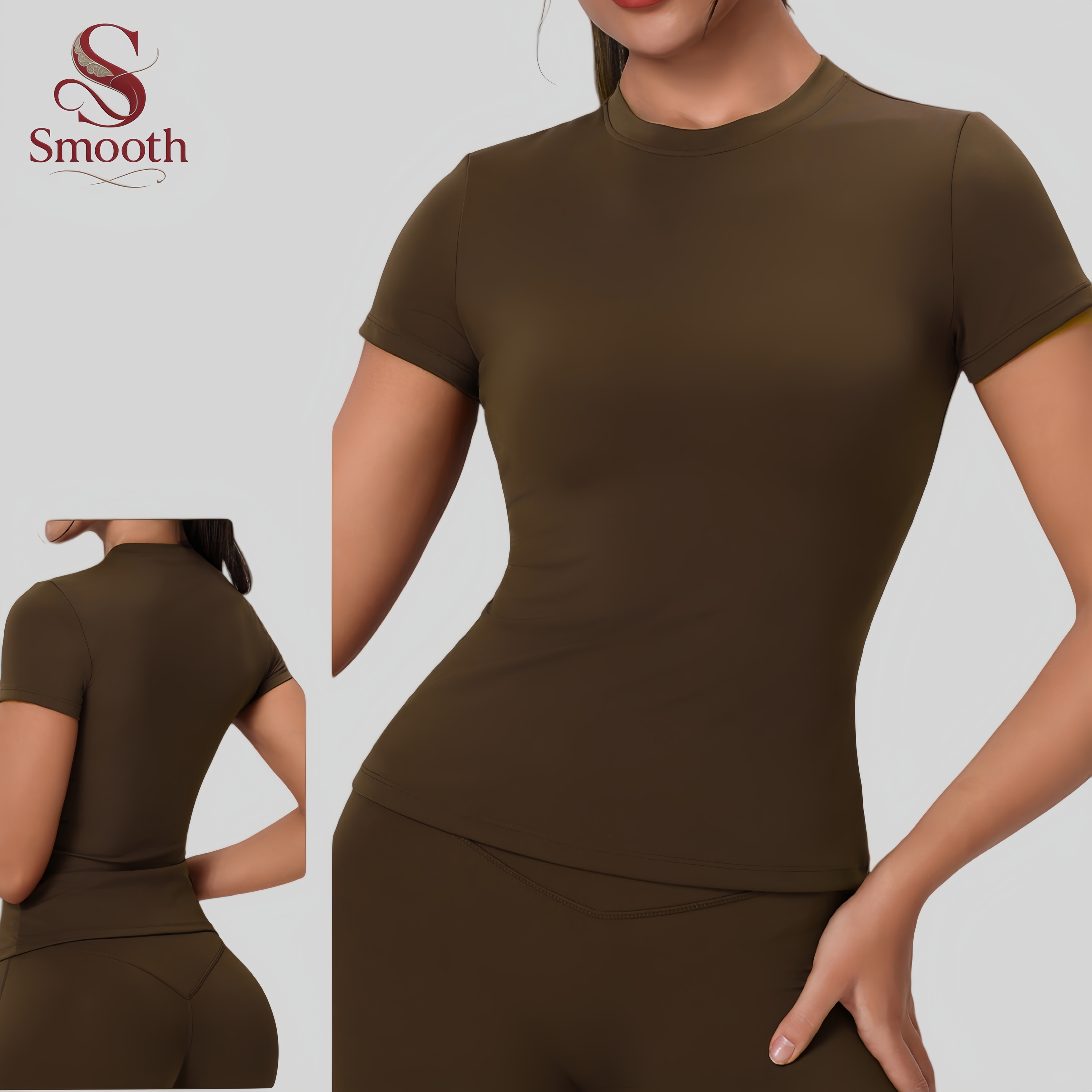 SMOOTH Round Neck Fitness Top Unpadded Short-sleeved Women's Quick-drying Breathable Tight-fitting Sportswear, Outdoor Yoga Wear