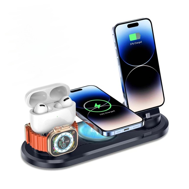 Portable Magnetic Charging Multi-Device Station 4-in-1 Fast Wireless Charger Stand for Phones Watches Earbuds