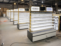 Rak Pajangan Bingkai Emas Mewah, Panel Belakang Marmer, Rak Berlampu LED, Header Layar Digital, Alas Laci Putih untuk Ritel