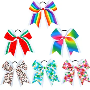 7Inch Zomer Grote Hair Bows Elastische Tie Cheerleading Bows Paardenstaart Houder Voor Baby Meisjes Watermeloen Luipaard Regenbogen