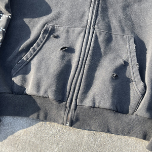 Custom Winter 400 Gsm 100% Cotton Graphic Zipper Hoodie Cropped Designer Oversized Distressed Acid Washed Rhinestone - Product Image 3