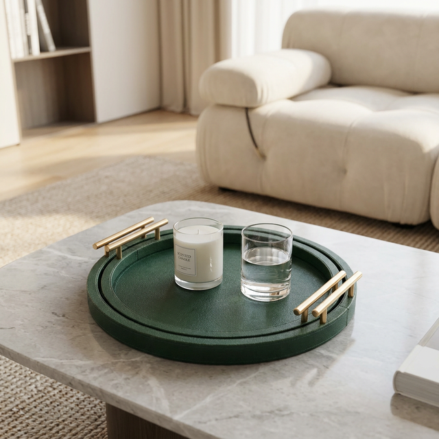 Dark Green Beaded Grain Leather Decorative Tray Set, Round Display Trays with Gold Double Bar Handles With SABER Certificate