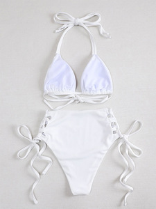 Bikini estivo da spiaggia da donna a vita alta con Design Sexy Modulare pendente con sezione collo tinta unita traspirante a triangolo con stampa sul baule da nuoto - Product Image 3