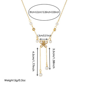Butterfly Pendant Faux Pearl Tassel Chain Necklace Gold Tone Crystal Bezel Setting Everyday Wear Women's Jewelry - Product Image 4