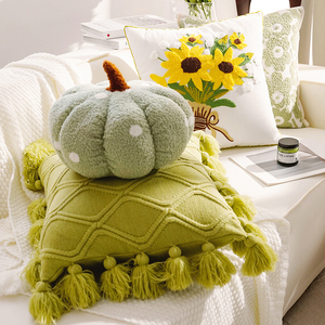 Kissenbezüge mit Quasten, Blumenstickerei, weiche Plüsch-Kürbiskissen, Heimdekor-Kissen, Boho-grünes Strickkissen - Product Image 5