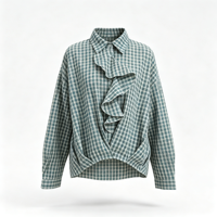 Chemisier sur mesure à volants sur le devant pour femme, chemise à carreaux vert foncé, coupe oversize à épaules tombantes, ourlet asymétrique, fabricant OEM