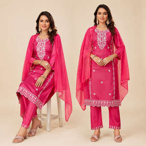Conjunto de Salwar Bordado Rosa para Mujer, Kurti de Diseñador, Pantalón y Dupatta, Ropa Étnica para Fiestas, Vestido Tradicional - Product Image 1