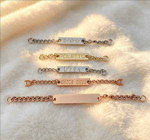Etiquetas de cadena para cuello de aleación de zinc en blanco, en stock, compatibles con grabado de logotipo personalizado para cuellos de prendas y accesorios de ropa interior. - Product Image 4